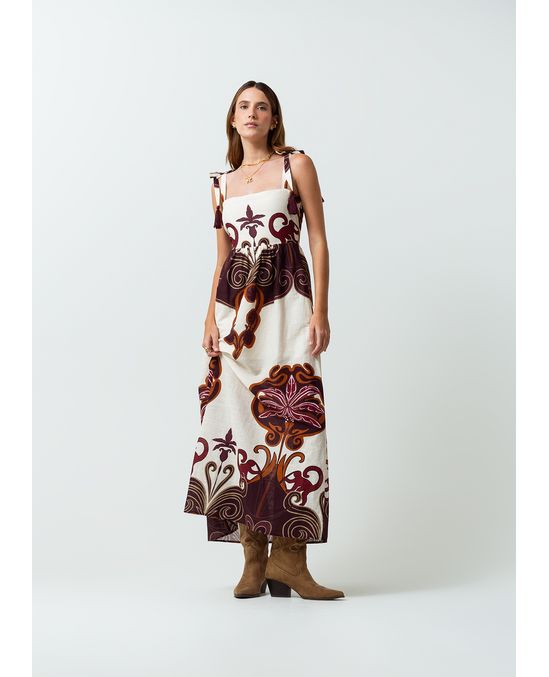 Vestido largo estampado en efecto lino