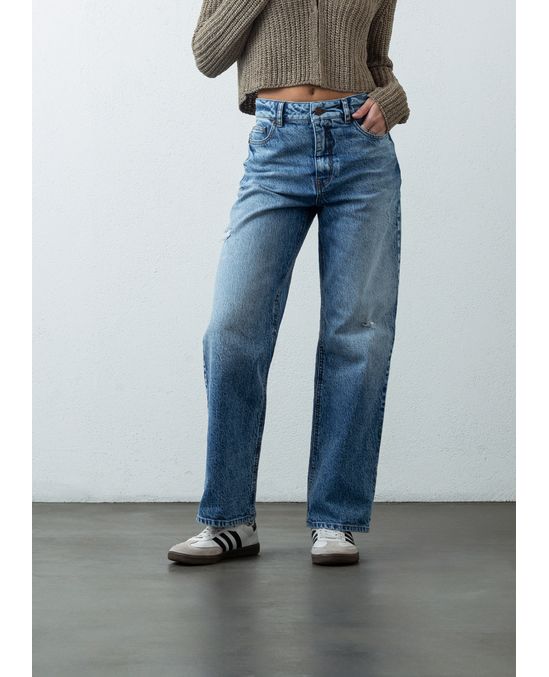 Jean Straight tiro súper alto con desgastes localizados