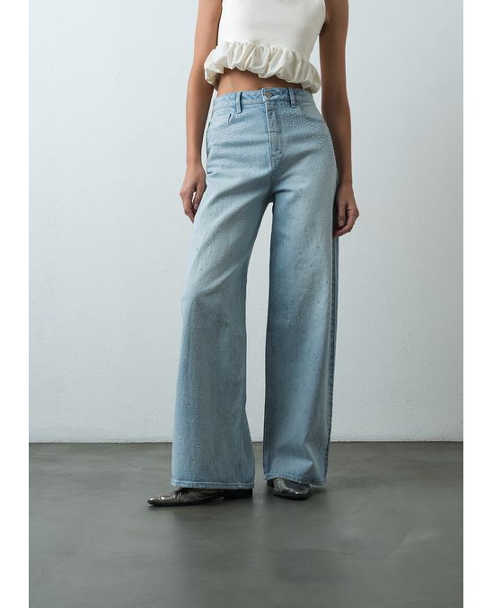 Jean Wide Leg Long tiro alto tono claro